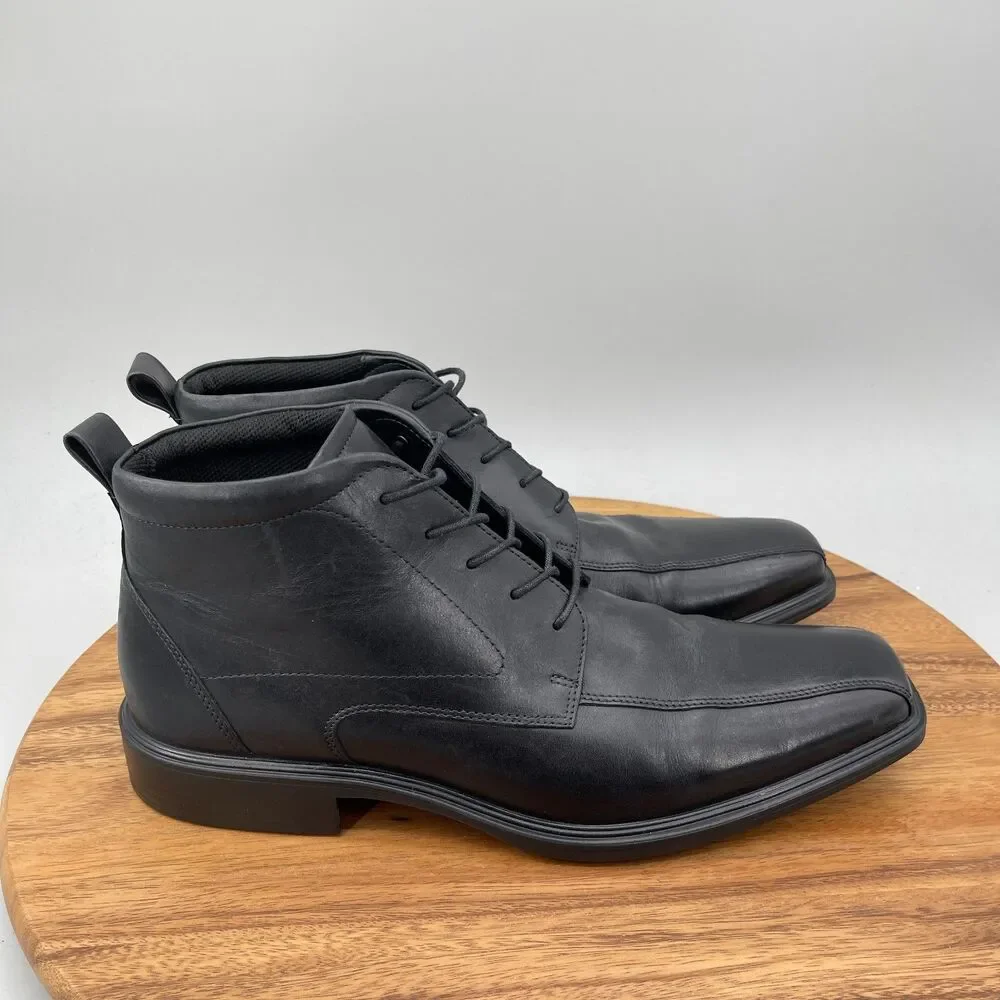 ECCO Minneapolis Boots Mens Size 11 Black Leather Bike Toe Chukka Casual Comfort